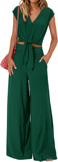 Women's Summer 2 Piece Outfits V Neck Crop Top and Wide (Style MDMW)
