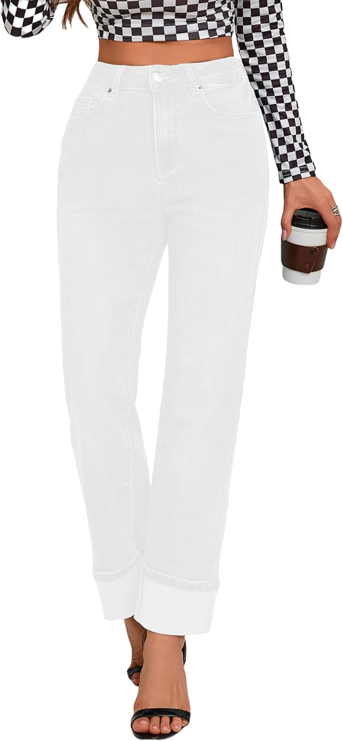 Womens High Waisted Stretchy Straight Leg Jeans for Tummy Control