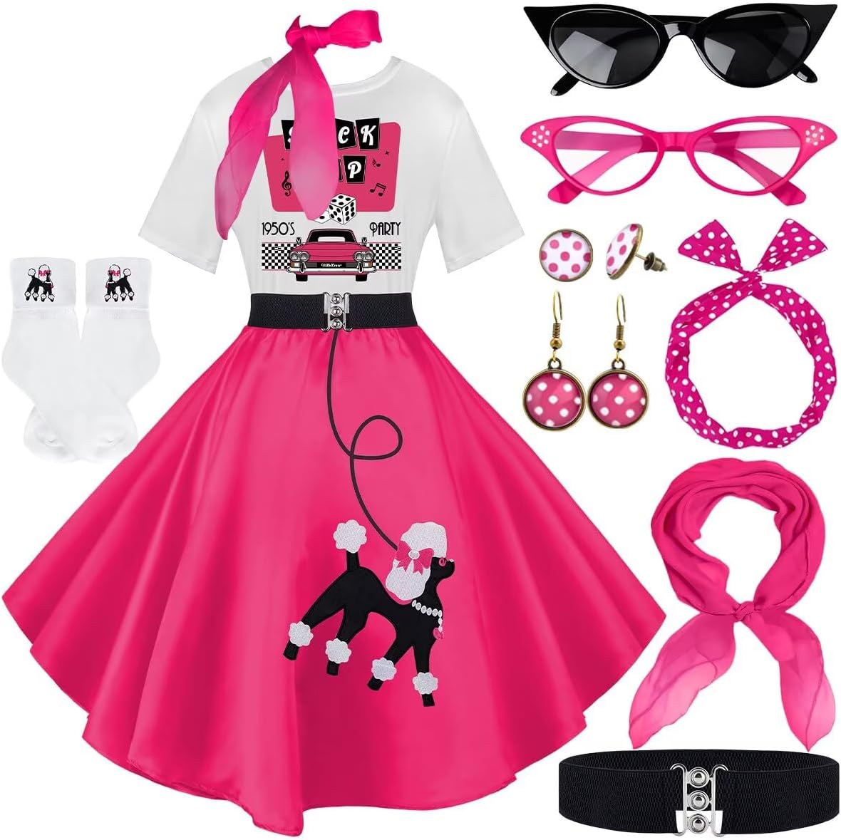 10Pcs Sock Hop Outfits Women with 1950s Poodle Skirts