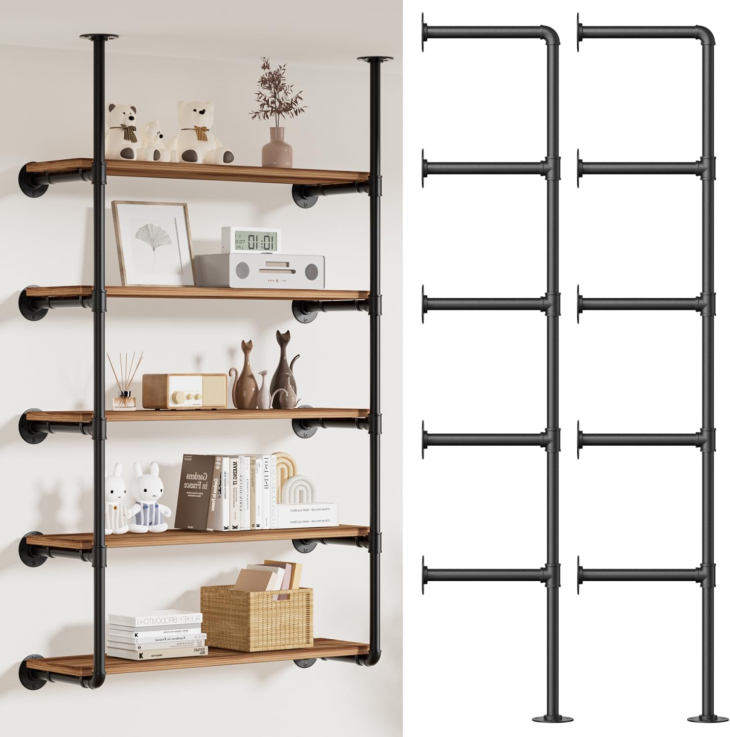 Industrial Iron Pipe Shelving Wall-Mount: 5-Tier DIY Bookshelf