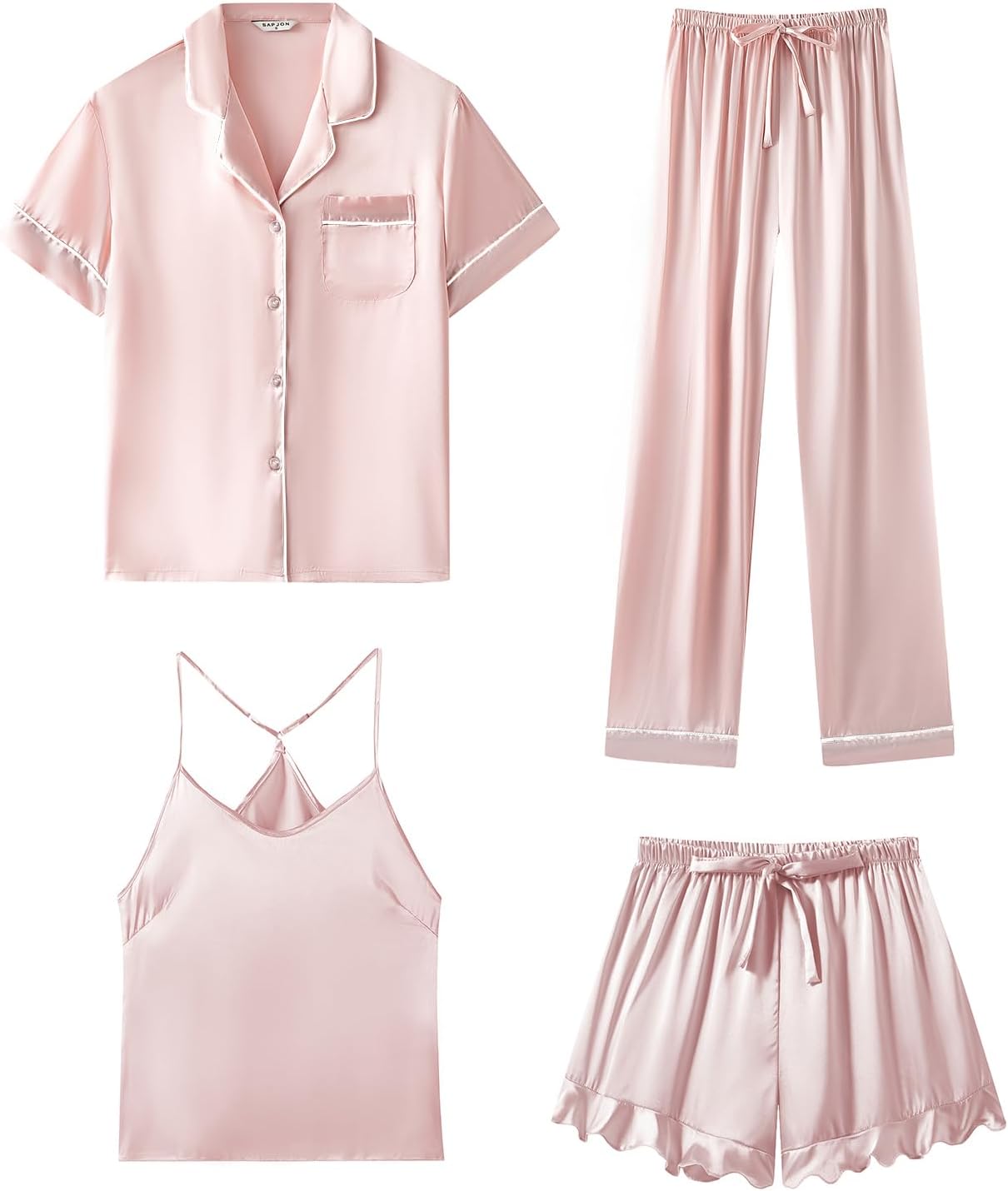 Luxurious Silk Pajamas Set for Women - 4Pcs Ruffled Satin Set