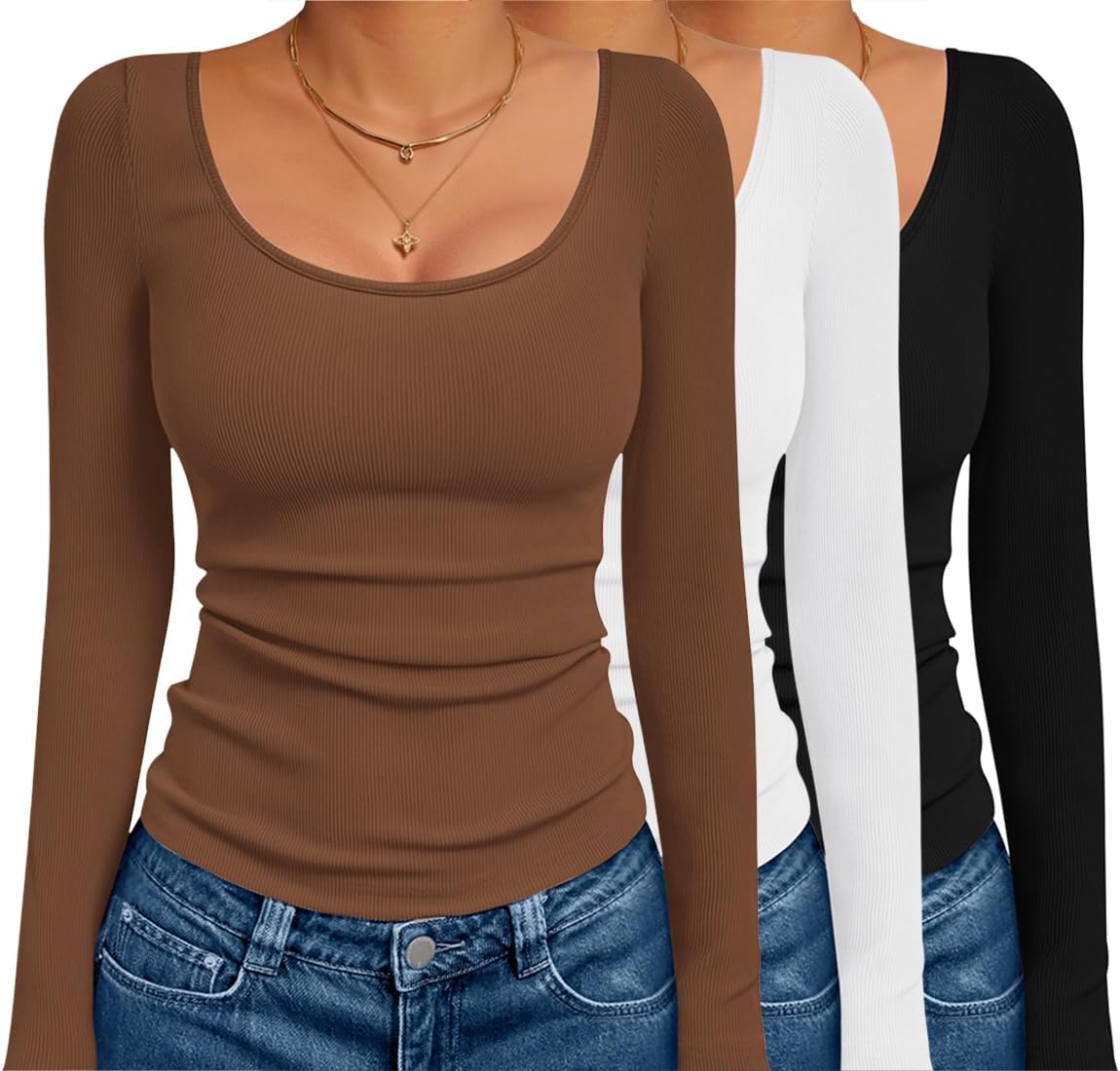 Ekouaer Long Sleeve Shirts for Women Scoop Neck Thermal Tops