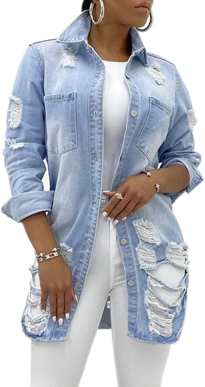 SeNight Women's Distressed Jean Jacket with Fray Hem and Tassels