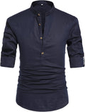 NITAGUT Men Henley Neck Long Sleeve Linen Shirt - Lightweight