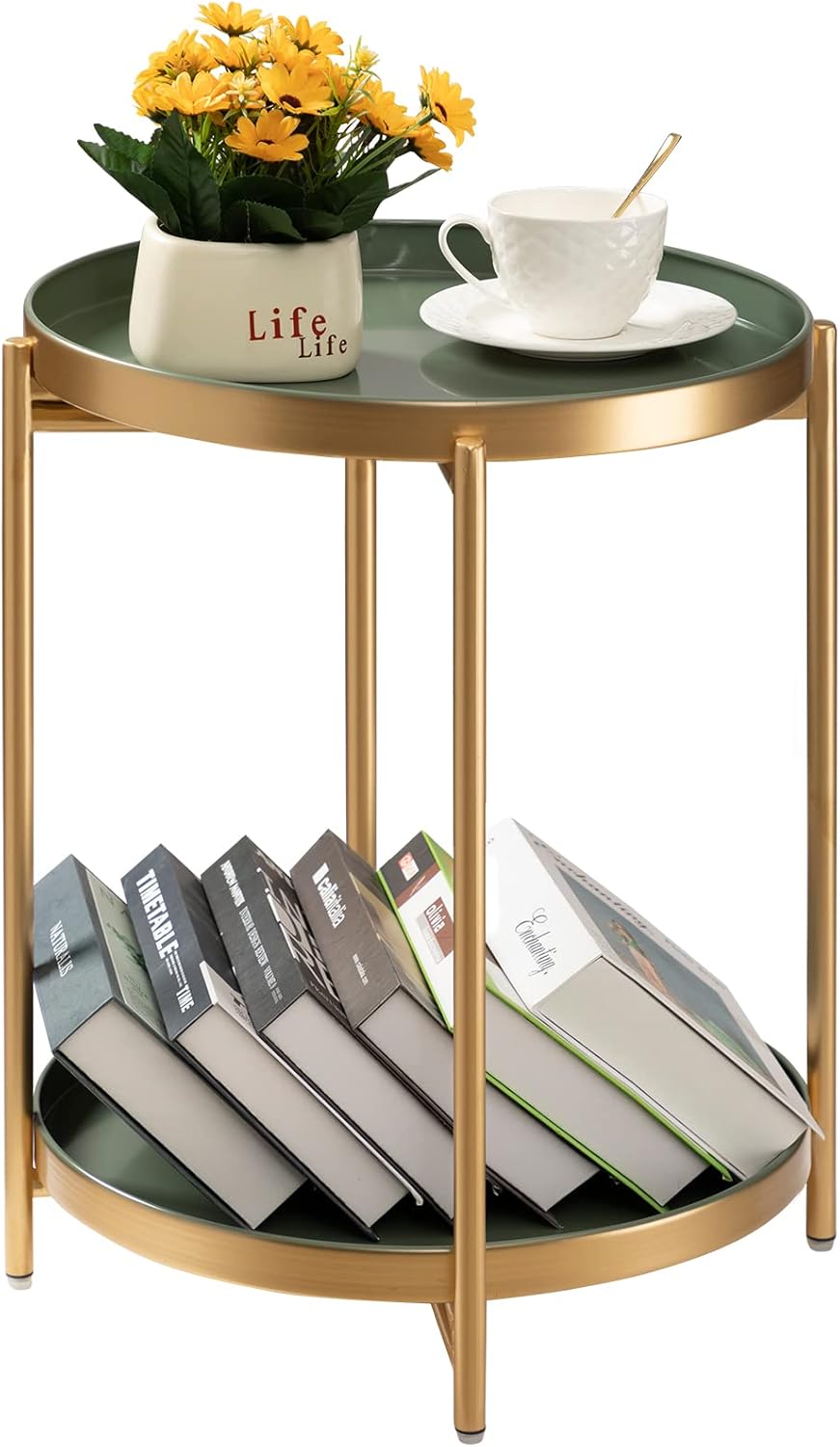 TeoKJ 2 Tier Gold Side Table with Removable Trays for Small Spaces