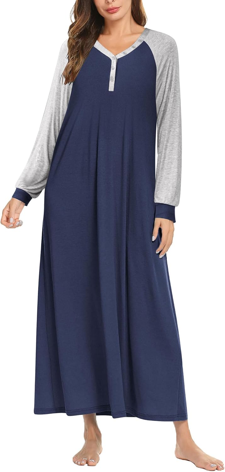 Ekouaer Nightgown Long Sleeve V Neck Loungewear for Women