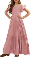 Girls Lace Flower Ruffle Sleeve A-Line Maxi Dress - Soft (Style C2LS)