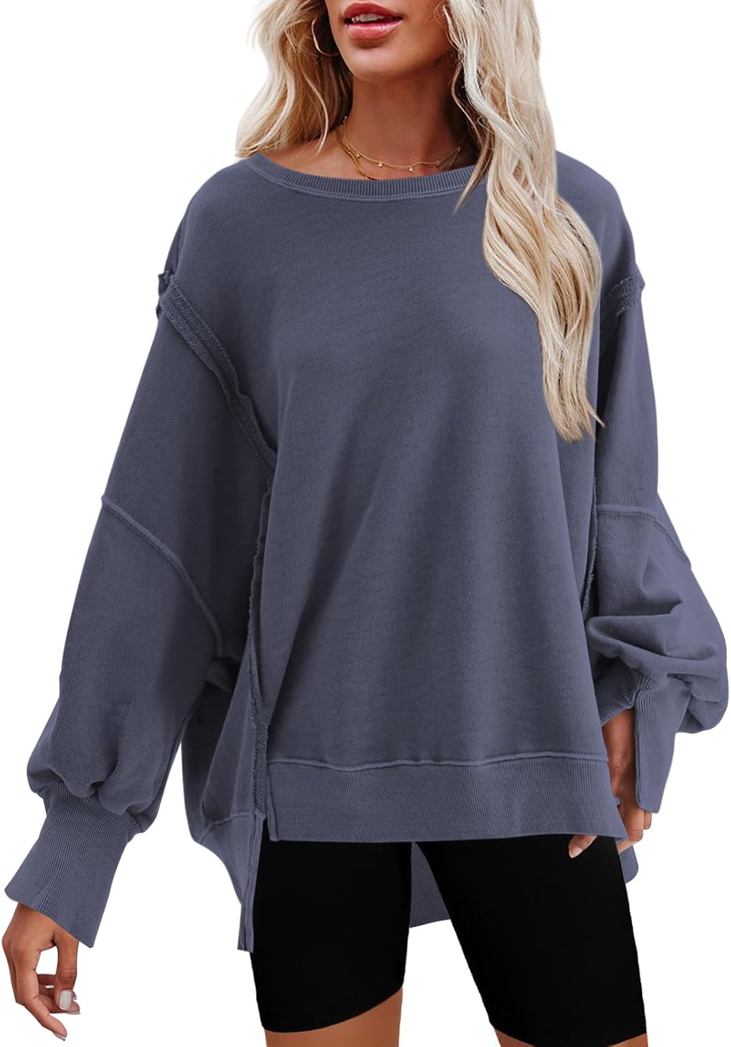 Nirovien Womens Oversized Crewneck Sweatshirt with Side Slits
