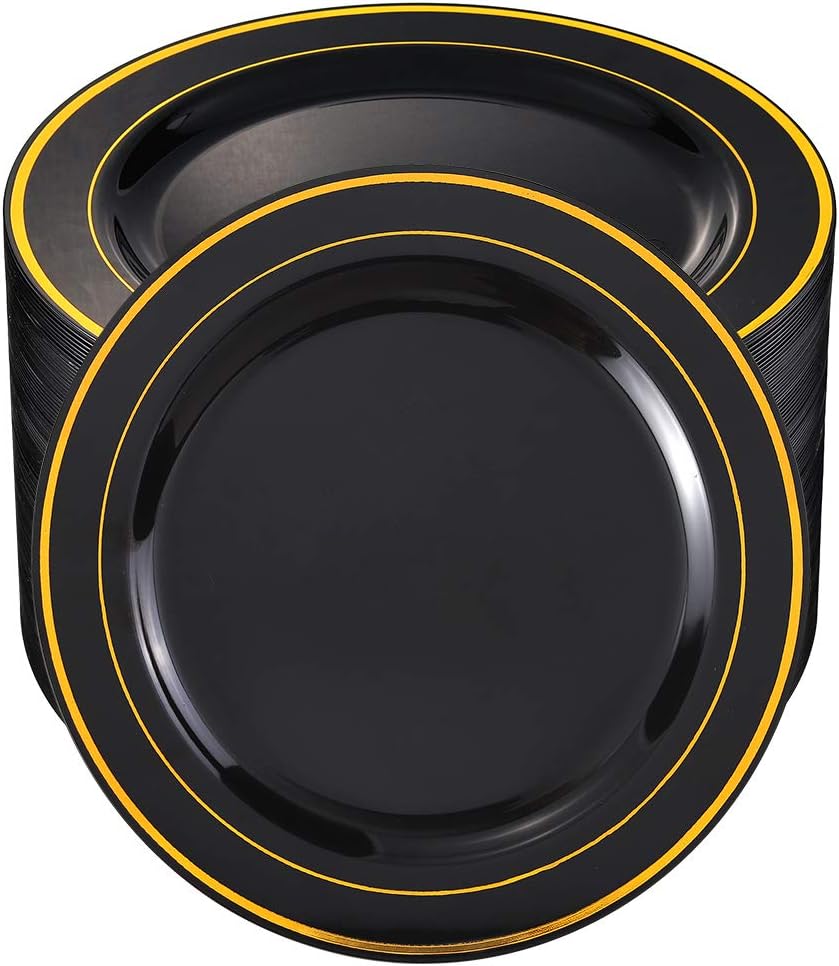 Elegant Black & Gold Disposable Dinner Plates - 100 ct - Perfect for Events!