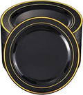 Black Plastic Plates with Gold Rim 10.25 in - Elegant Disposable
