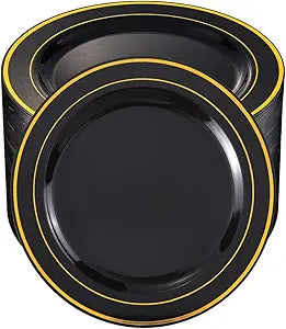 Elegant Black Plastic Plates with Gold Rim - 100 Pack for Events