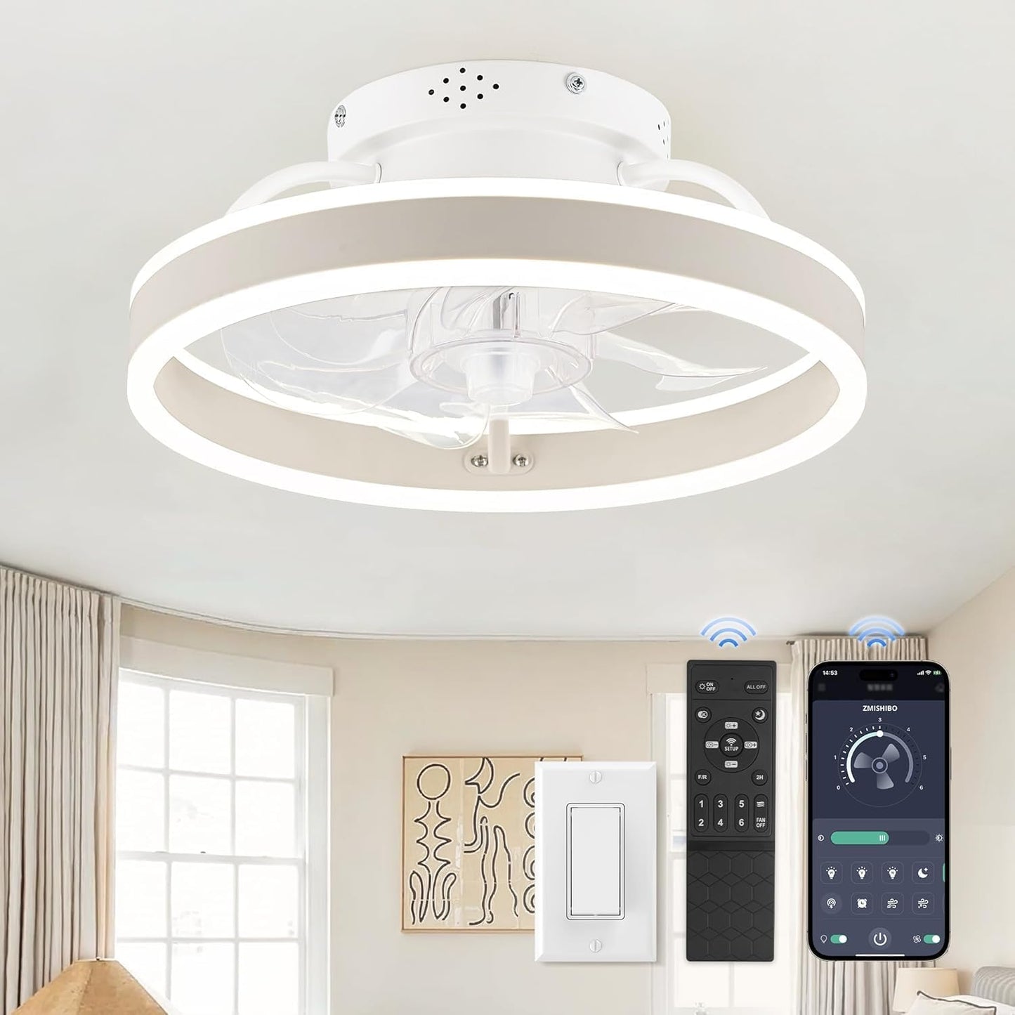 ZMISHIBO Low Profile Ceiling Fan with Lights and Remote Control