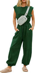 Womens Cotton Crewneck Jumpsuit with Wide Leg and Pockets - White