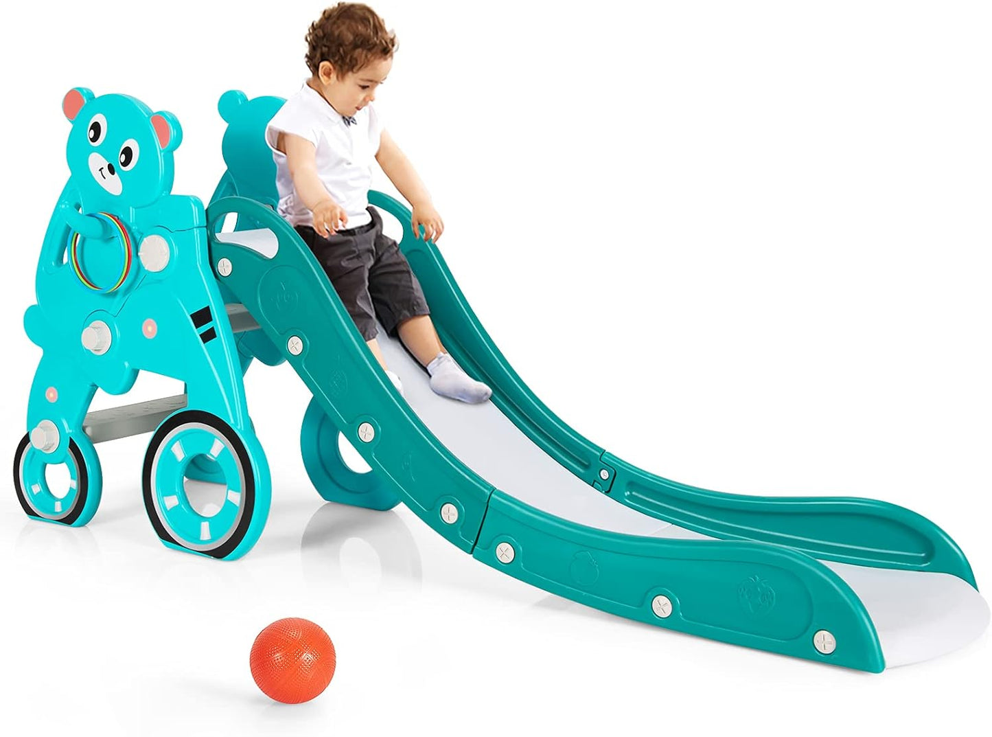 BABY JOY Toddler Slide with Basketball Hoop and Ring Toss Fun