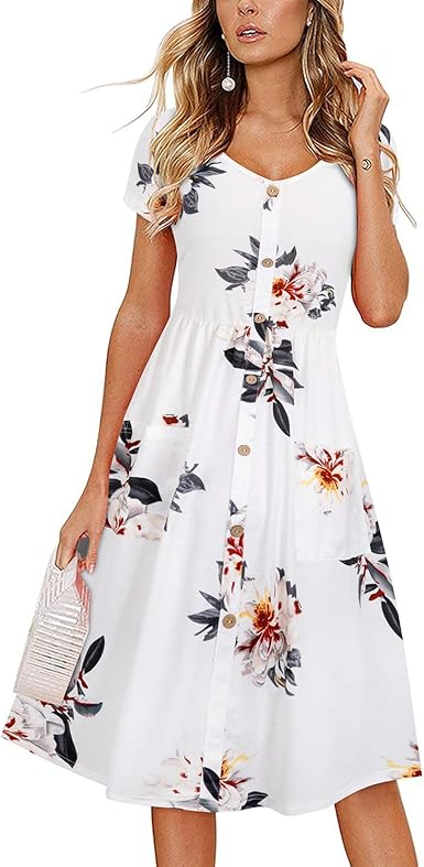 VOTEPRETTY Women's Short Sleeve V Neck Sundress with Pockets
