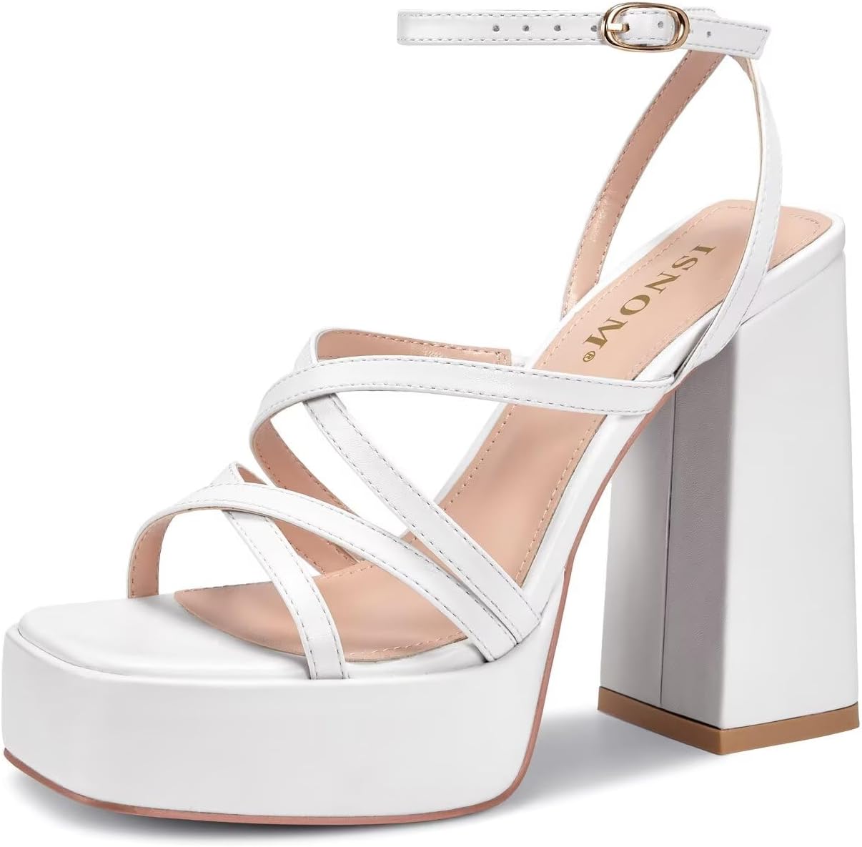 ISNOM Platform Chunky Heels for Women with Ankle Strap Style