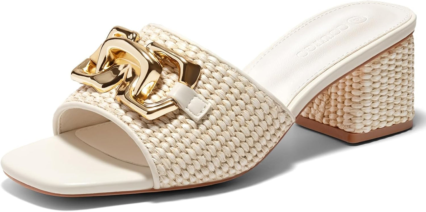 Coutgo Womens Raffia Slide Sandals with Chunky Block Heels