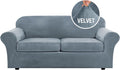 Real Velvet Plush 3 Piece Stretch Sofa Cover for 72-90 in - Stone Blue