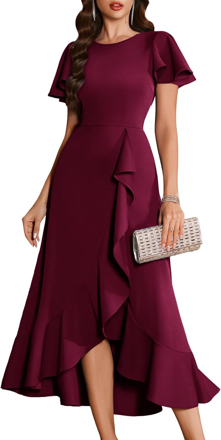 BeryLove Women Formal Party Dress with Flutter Short Sleeves