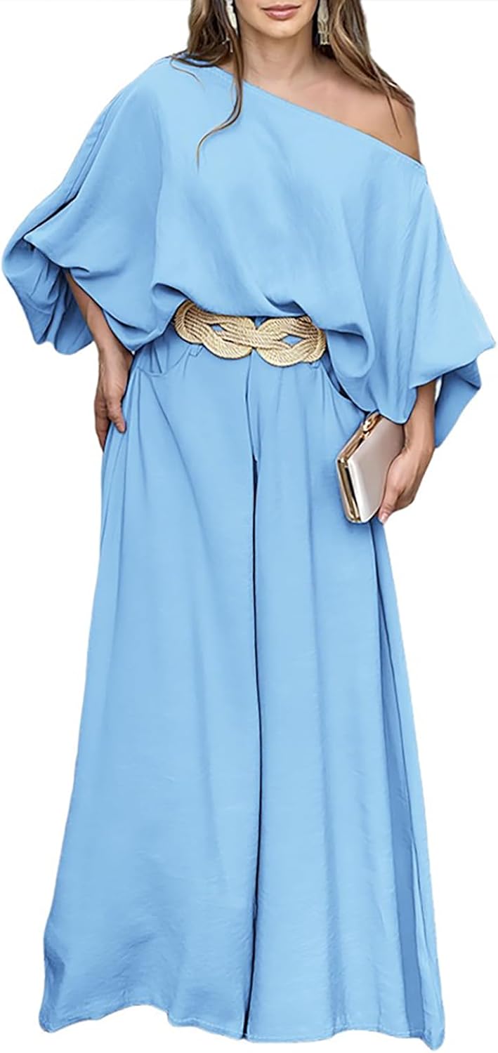 Chic Women Summer 2 Piece Outfits Off Shoulder Lantern Sleeve Set