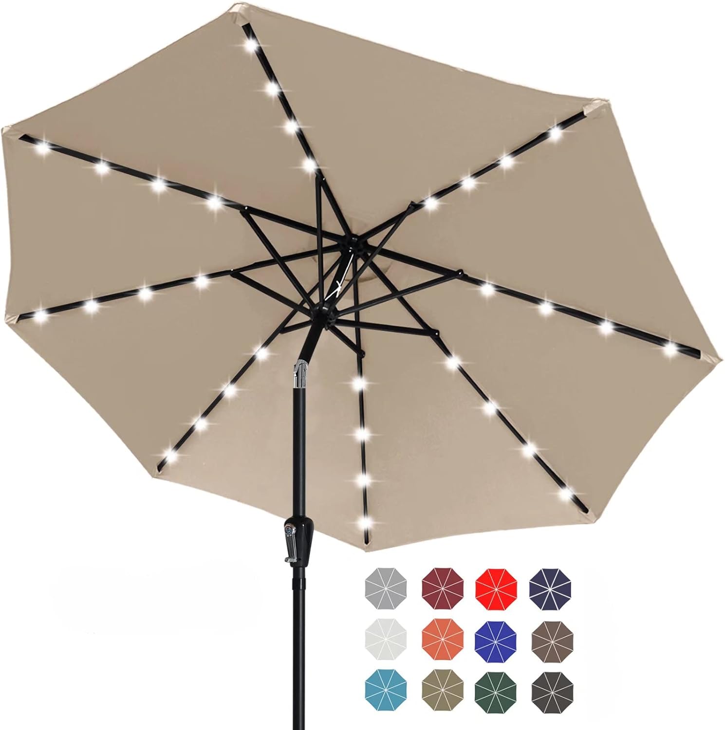 Durable Solar Led Patio Umbrellas with 32LED Lights 9FT Khaki