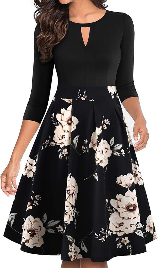 YATHON Women's Vintage Floral Flared A-Line Swing Dress with Pockets