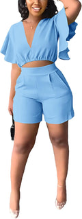 Womens Summer 2 Piece Outfit Set Crop Top Butterfly Sleeve - Sexy