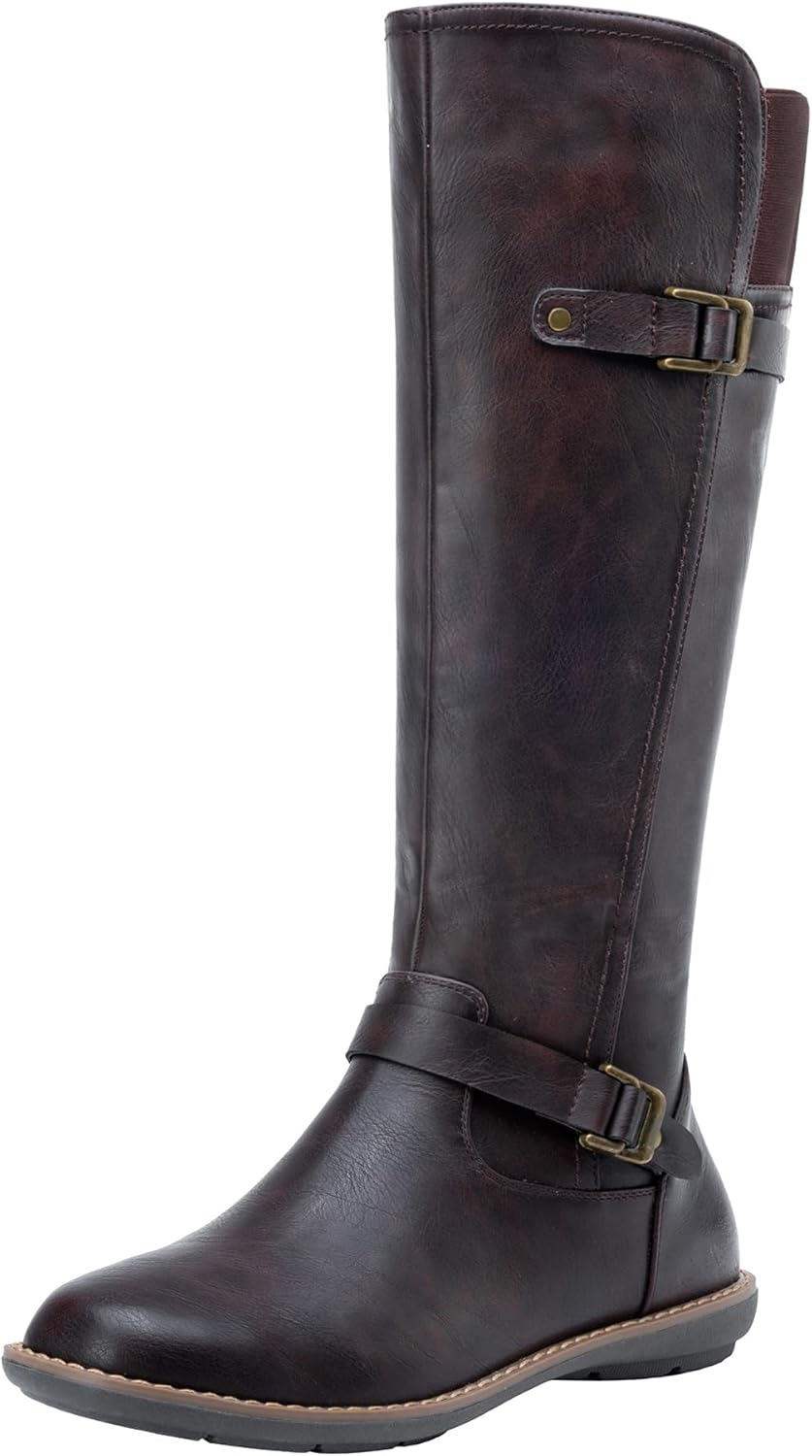 Jeossy Women's Knee High Boots with Buckle and Side Zipper
