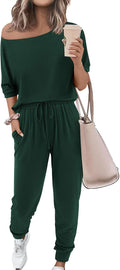 Women Summer 2 Piece Outfits Off Shoulder Tracksuit - Comfy Travel Set