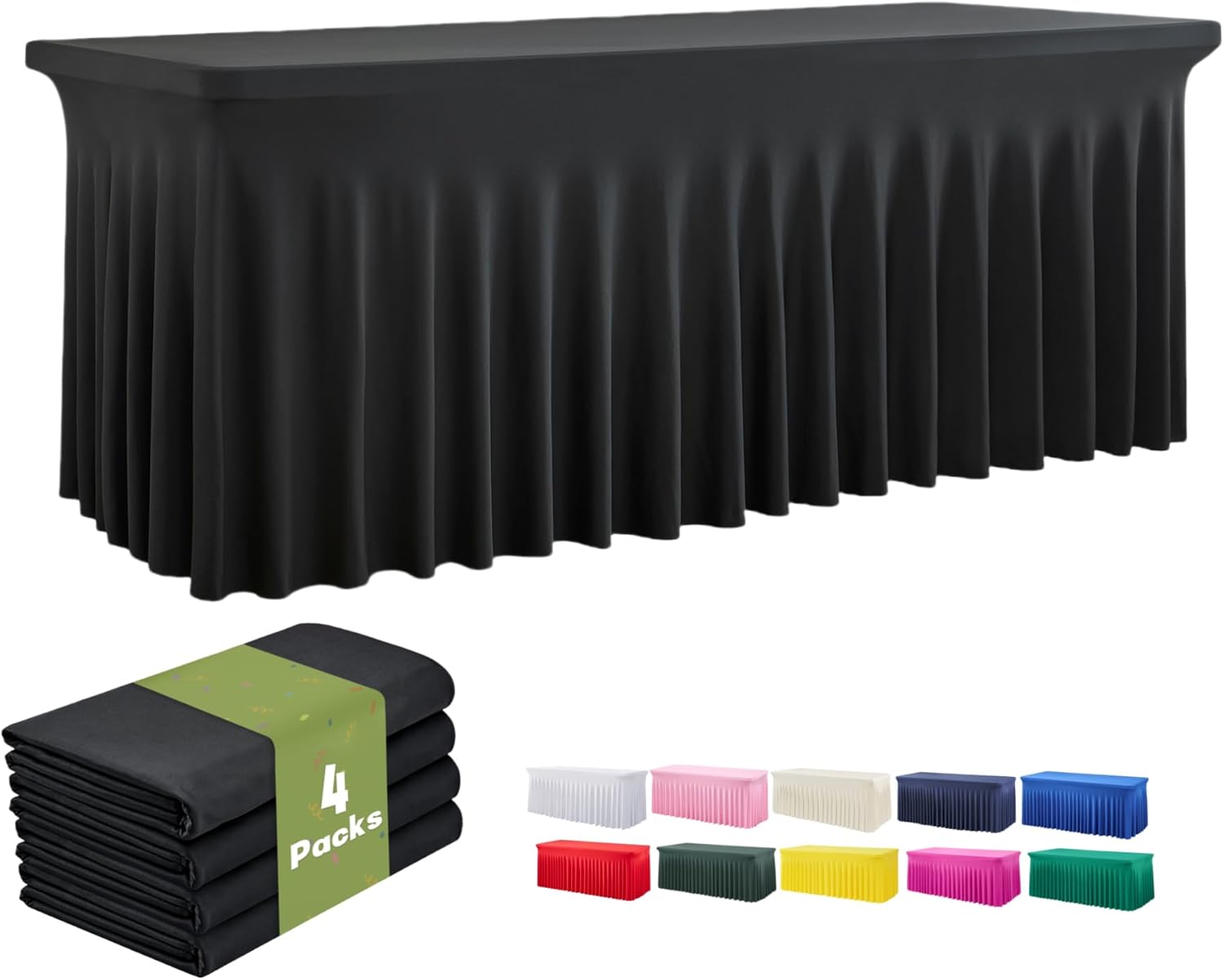 Elegant 4 Pack Black Spandex Tablecloths for 8 Foot Tables