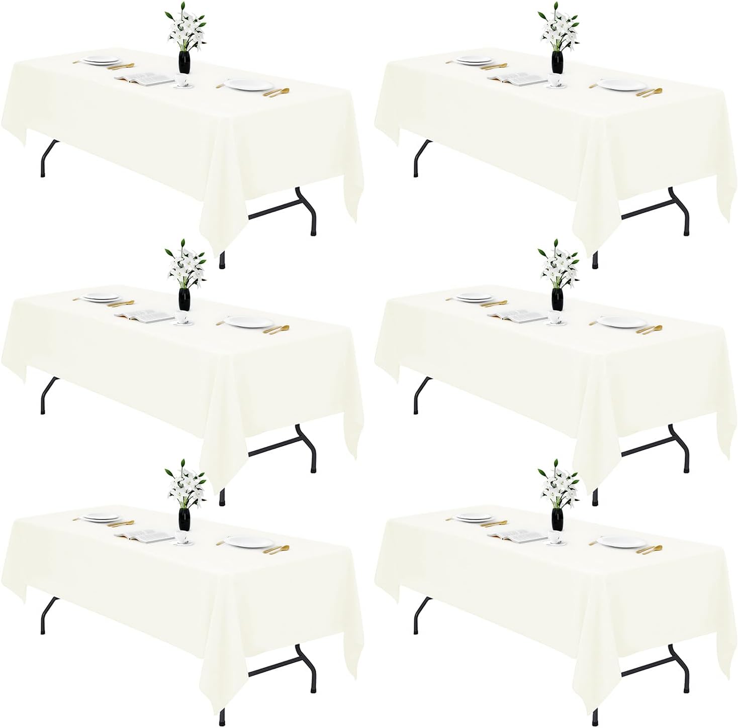 Elegant 6 Pcs Ivory Table Cloth for Rectangle Tables - 60 x 102 in