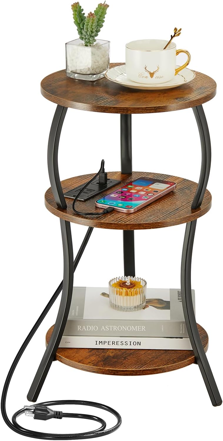 Small Round Side Table with Charging Station for Compact Spaces