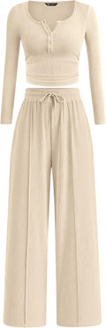 Women's 2 Piece Ribbed Lounge Set - Henley Top & Wide Leg Pants