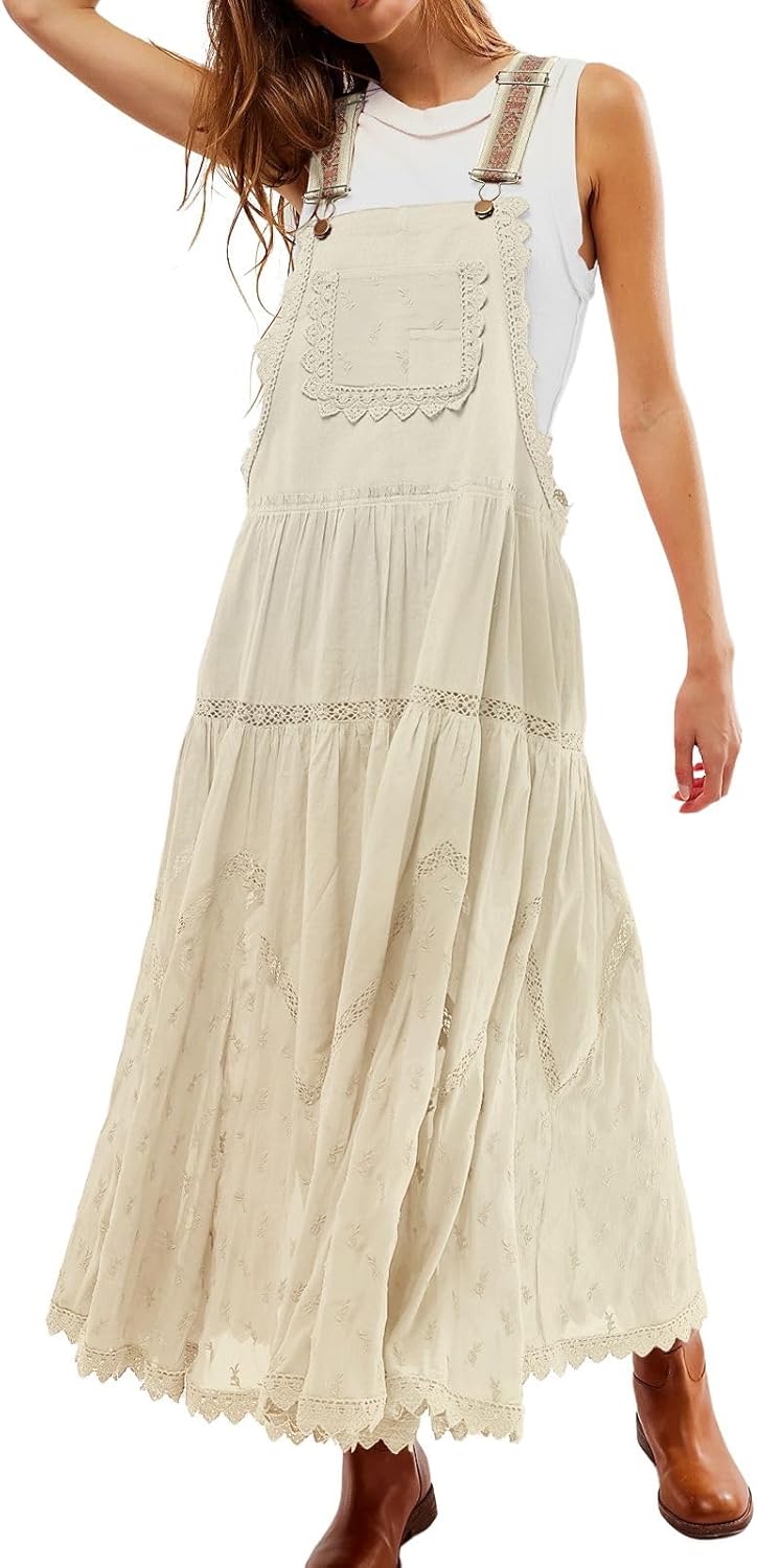 Women's Casual Lace Embroidered Maxi Dress with Pockets