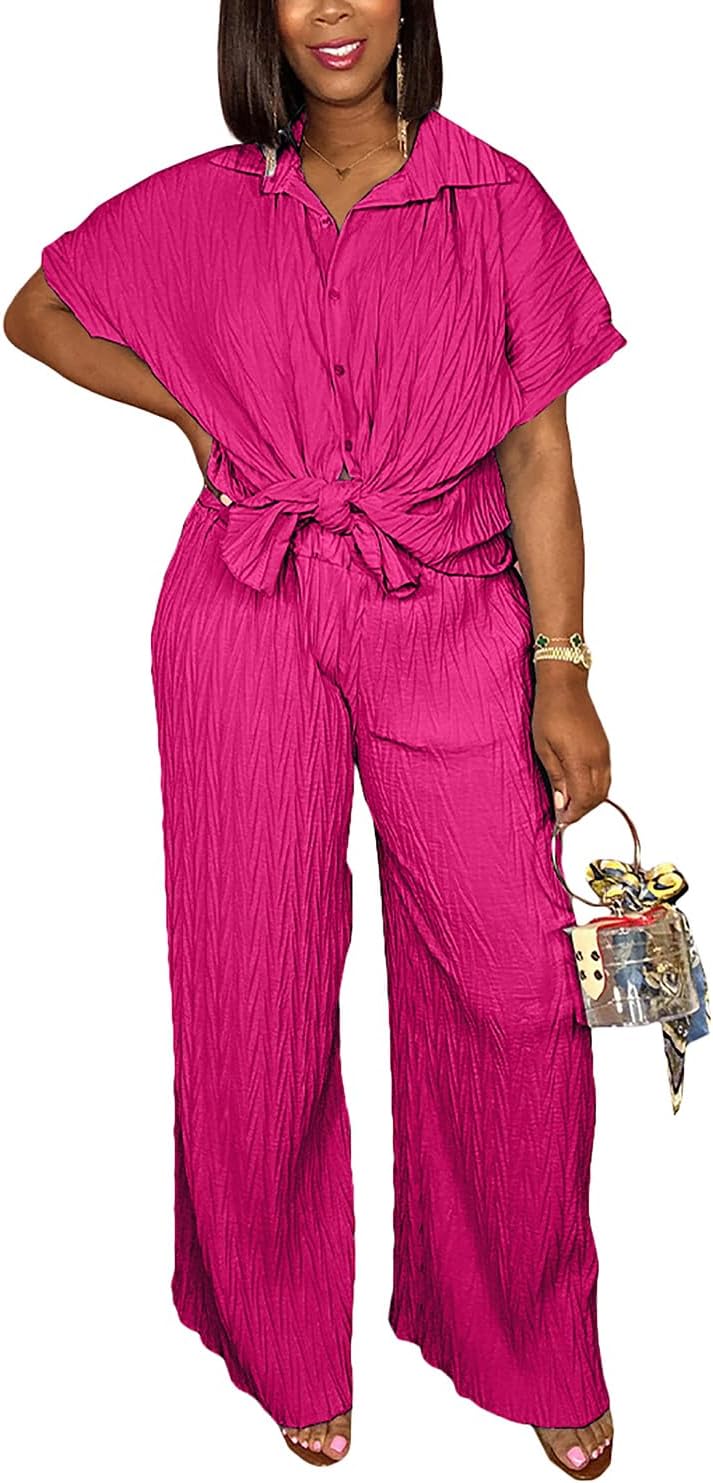 Casual Two Piece Set for Women - Stylish Button Down Shirt