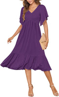 Summer Empire Waist Midi Dress Smocked Flutter Sleeve - Flowy Fit