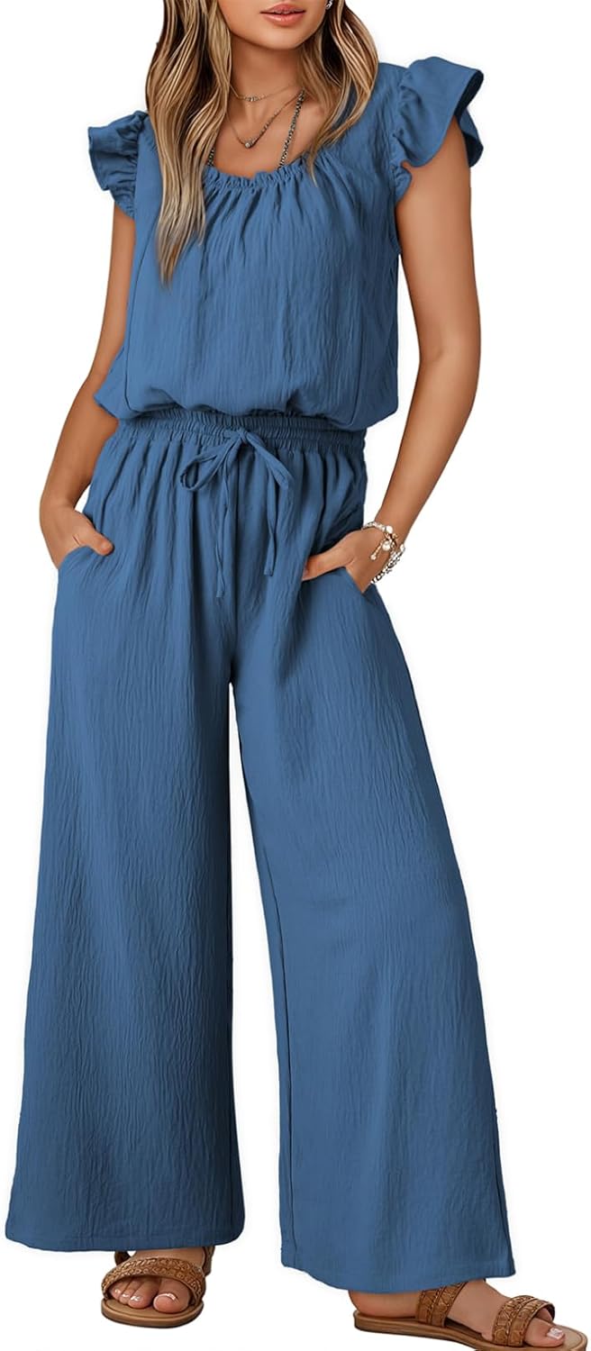 Dokotoo Summer Ruffle Sleeve Jumpsuit for Women with Pockets