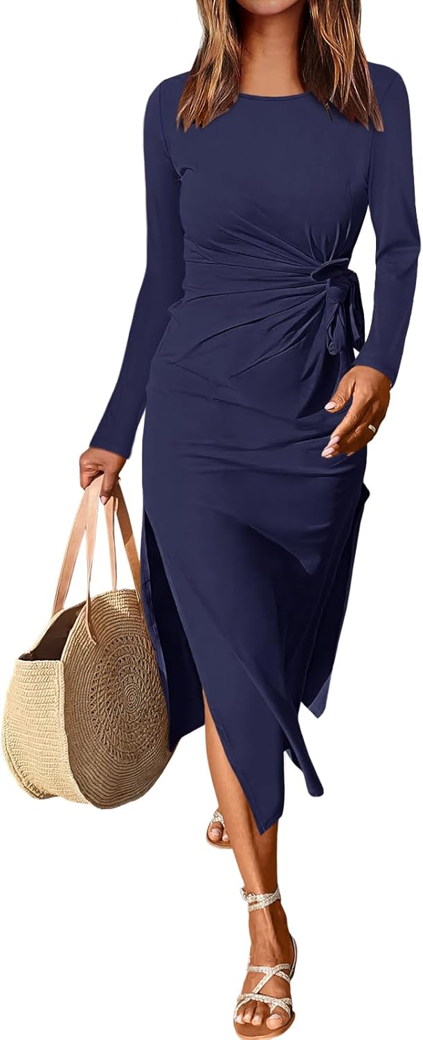 Womens Long Sleeve Maxi Dress with Tie Waist and Slit Design