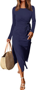 Women's Tie Waist Long Sleeve Maxi Dress with Stylish Slit