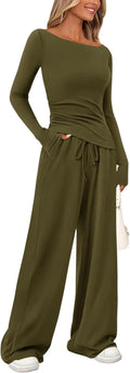 Women's Asymmetrical Long Sleeve Lounge Set - Wide Leg Two Piece
