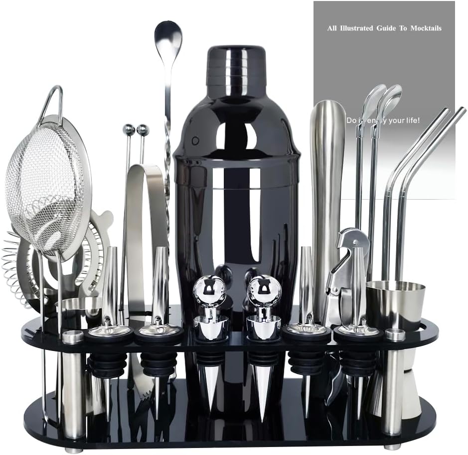 Ultimate Home Bar Kit with Recipes - 24oz Stainless Steel Shaker Set