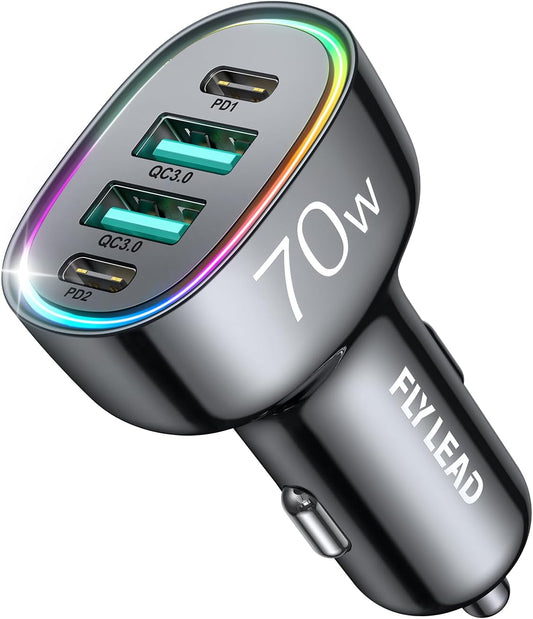 Super Fast 70W 4-Port USB C Car Charger for Family Travel