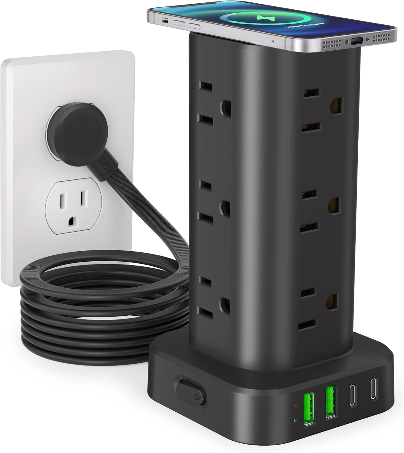 Power Strip Tower with Wireless Charger and 12 AC Outlets