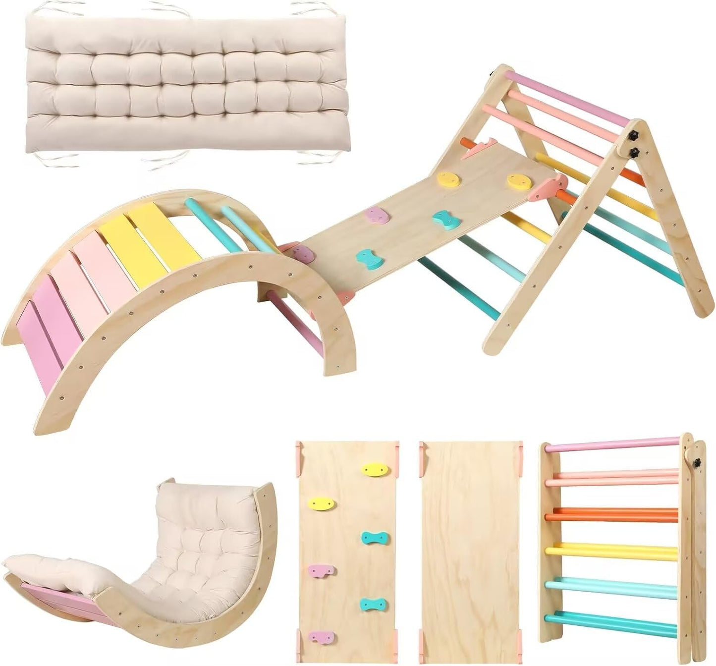 Pikler Triangle Set with Cushion - 5 in 1 Toddler Climbing Toys