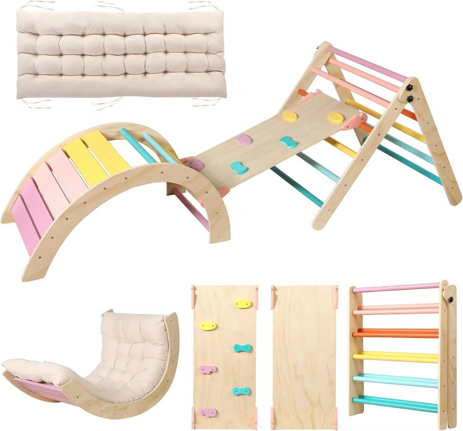 Pikler Triangle Set with Cushion - 5 in 1 Toddler Climbing Toys