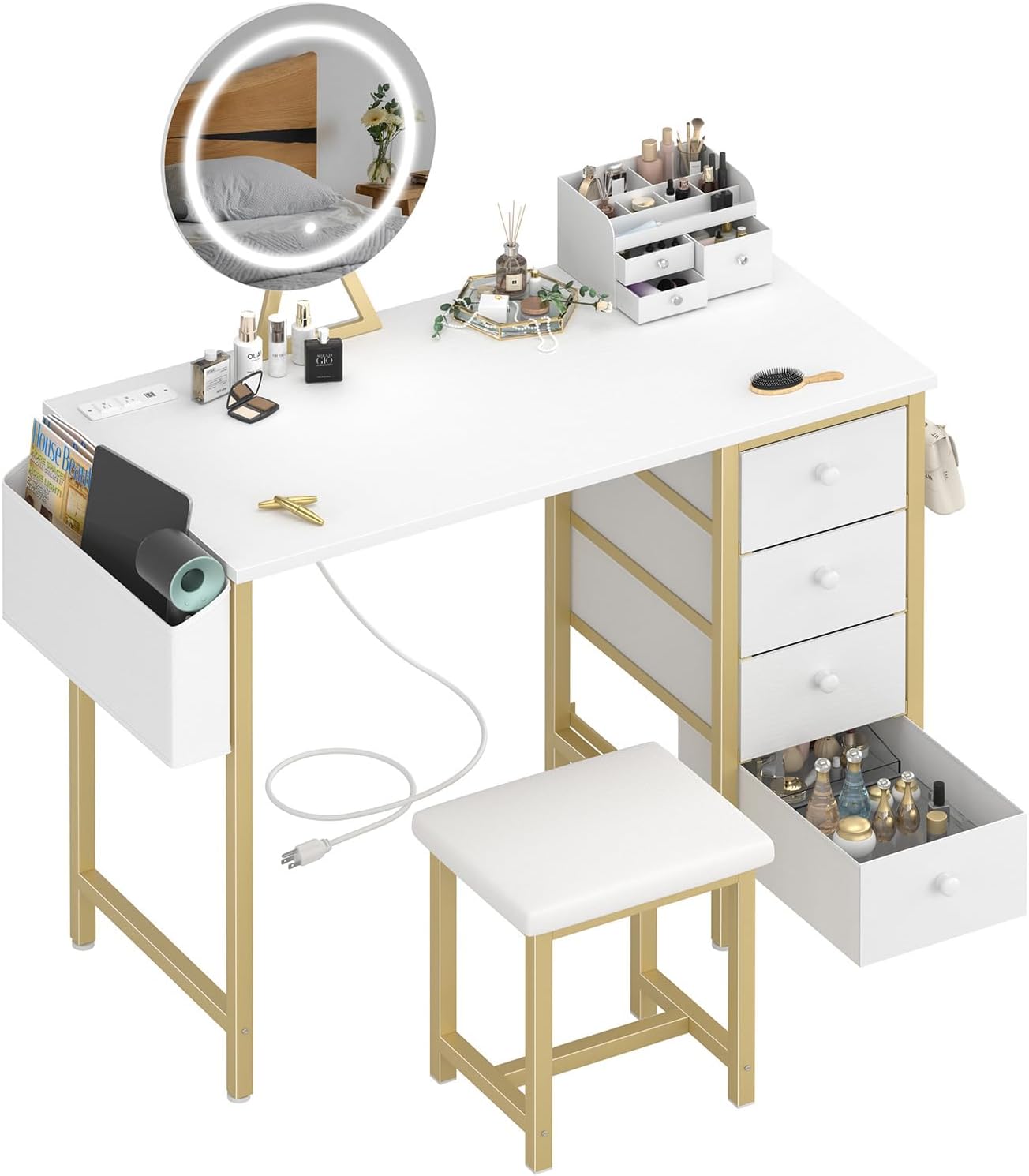 Gold Vanity Desk Set with Lighted Mirror & Storage