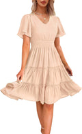 Zattcas Women Sping Summer V Neck Smocked Waist Midi Dress