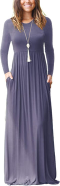 Long Sleeve Casual Round Neck Floral Maxi Dress with Pockets Dresses