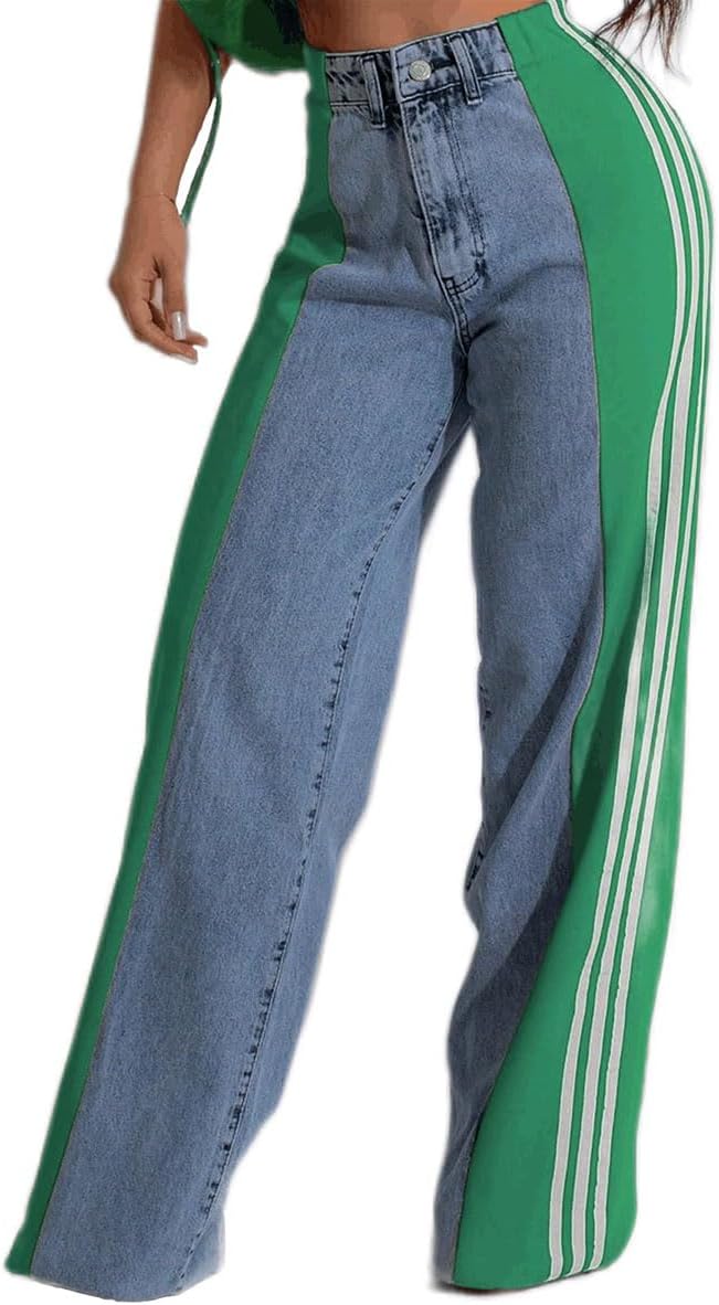 High Waisted Wide Leg Patchwork Stripes Stretchy Jeans for Women