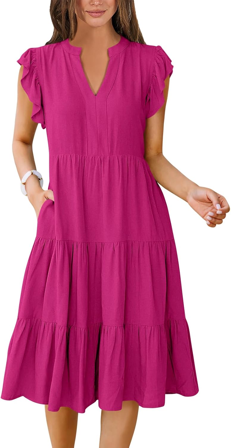 Womens Summer Dress Ruffle Sleeve V Neck Midi Casual Sundress